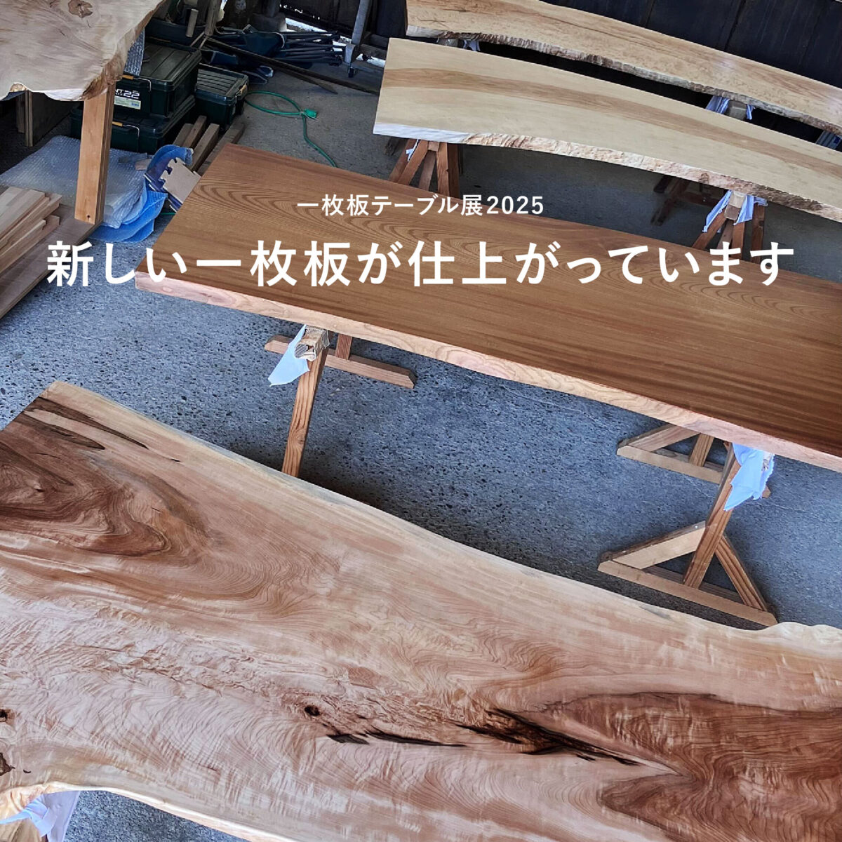 一枚板テーブル展2025新しい一枚板が仕上がっています。